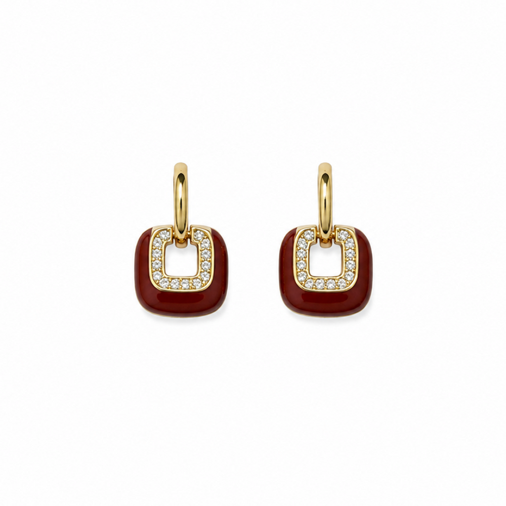 Poppy Red Enamel Square Gold Earrings