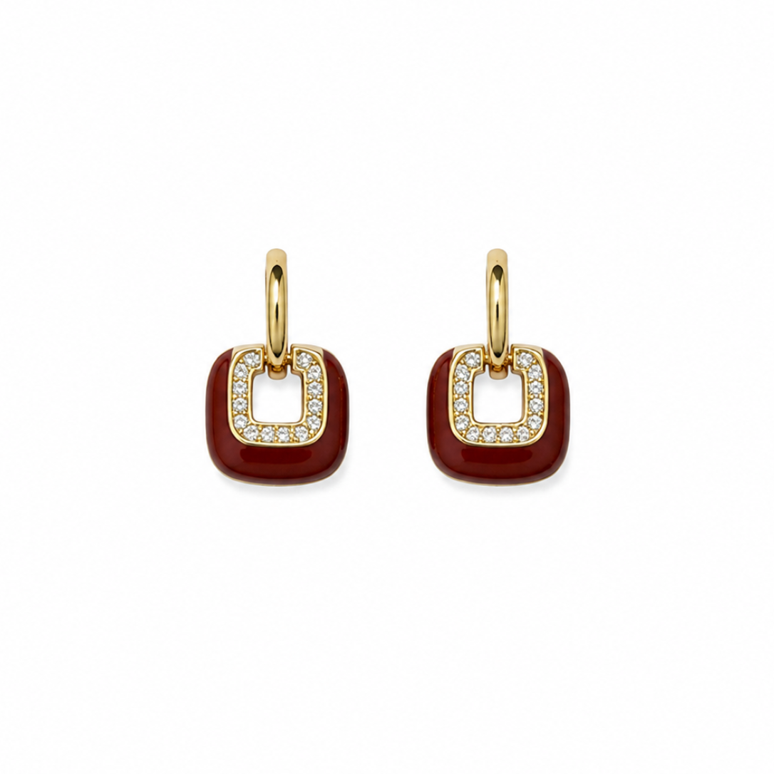 Poppy Red Enamel Square Gold Earrings