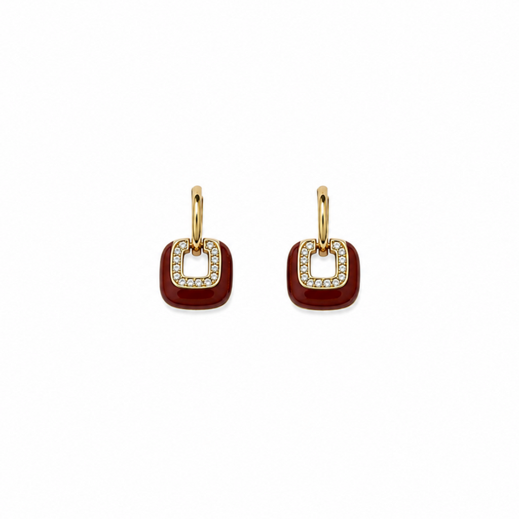 Poppy Red Enamel Square Gold Earrings