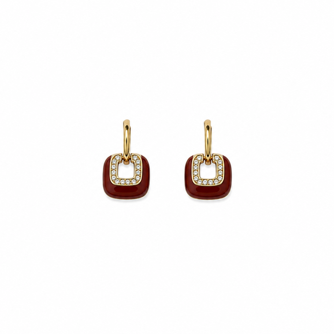 Poppy Red Enamel Square Gold Earrings