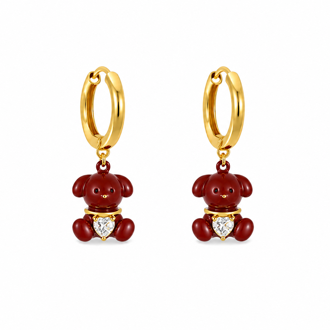 Teddy Ruby Bear Hoop Earrings