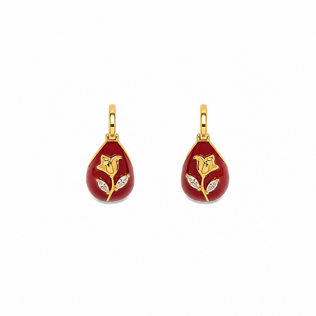 Mira Red Rose Enamel Huggie Earrings