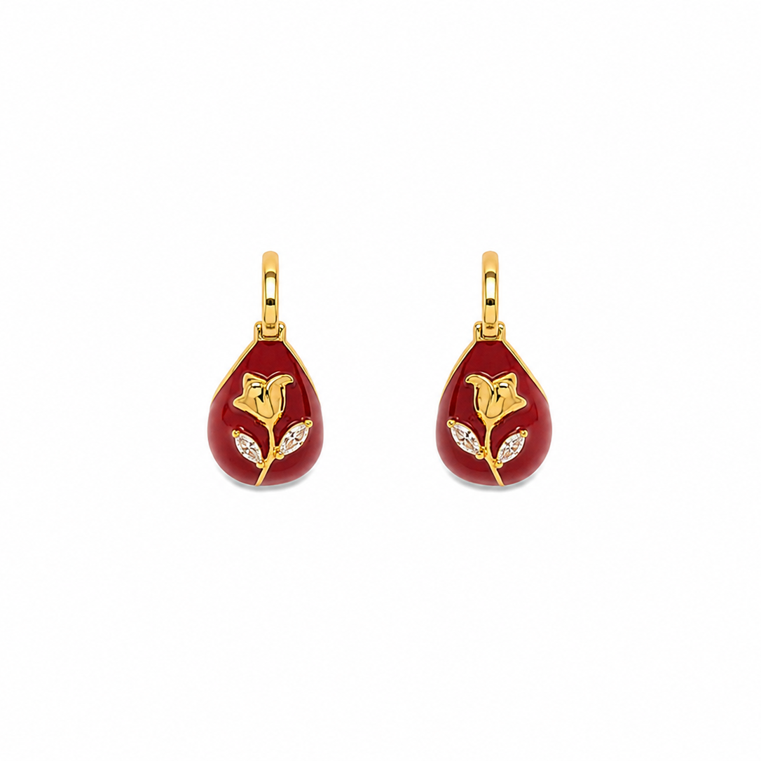 Mira Red Rose Enamel Huggie Earrings