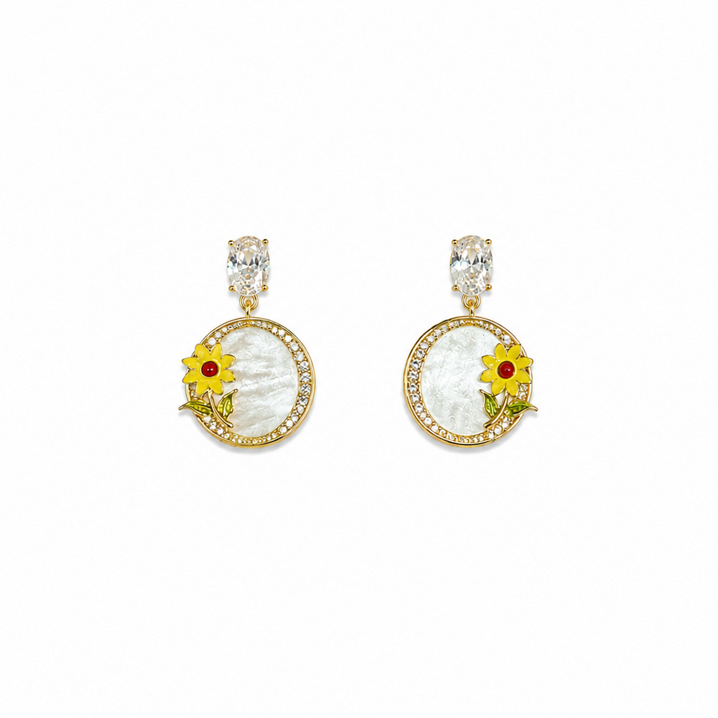 Daisy Sunflower Pearl Drop Earrings