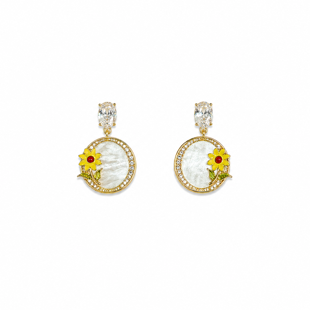 Daisy Sunflower Pearl Drop Earrings