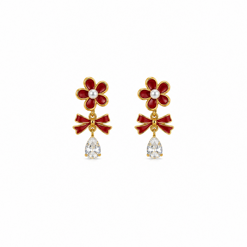 Ruby Red Floral Bow Drop Earrings