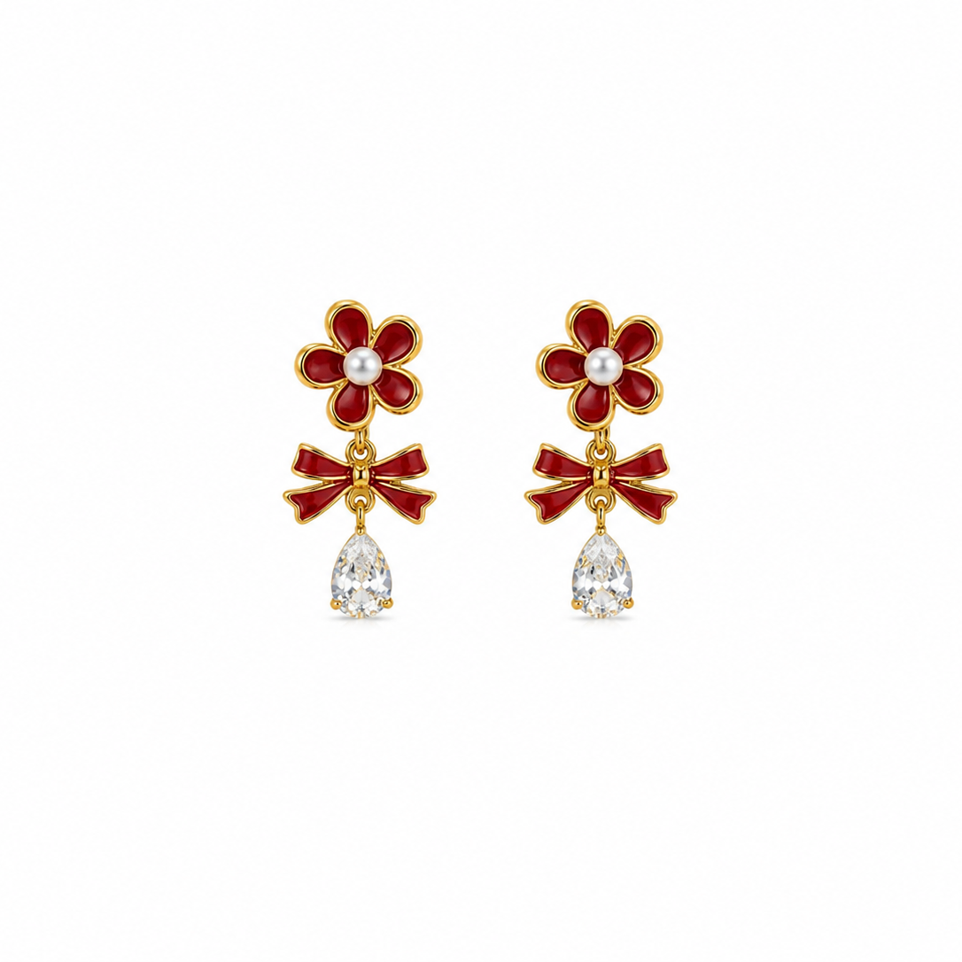 Ruby Red Floral Bow Drop Earrings