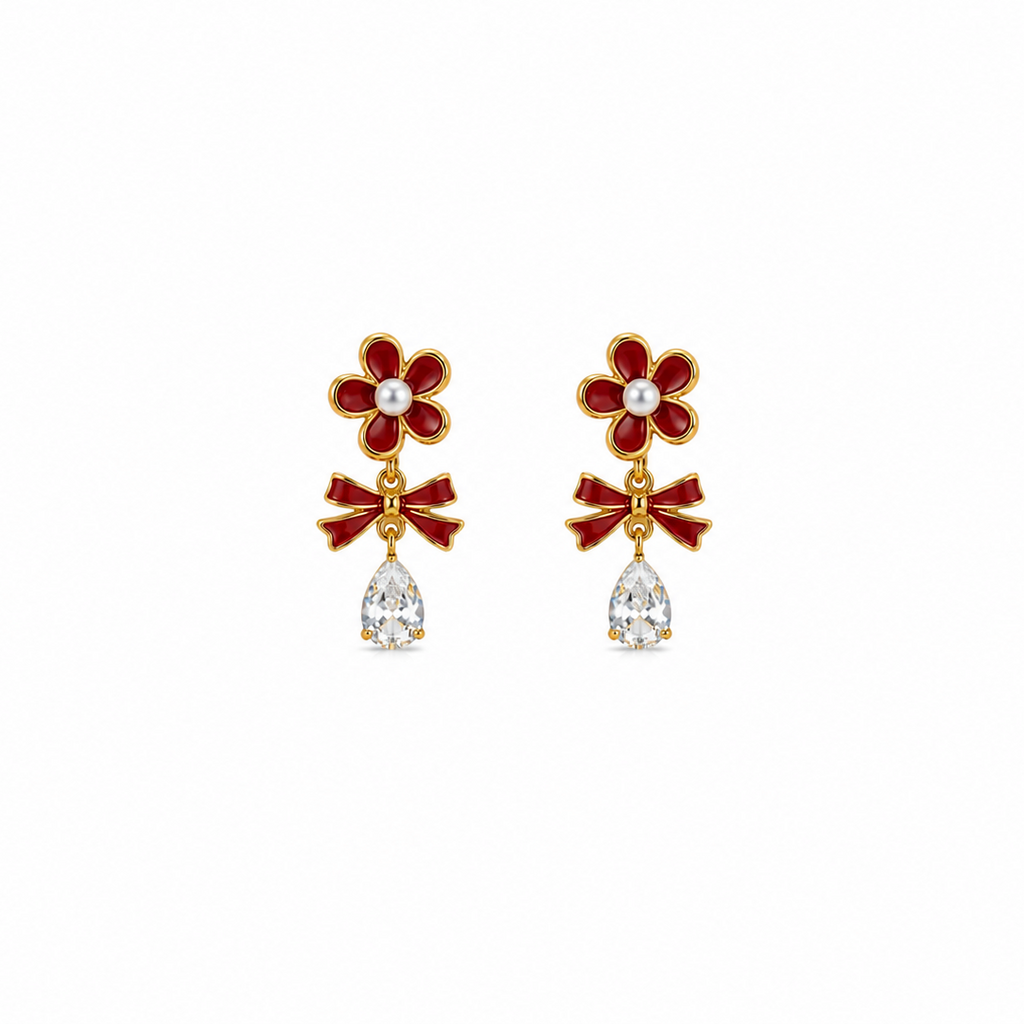 Ruby Red Floral Bow Drop Earrings
