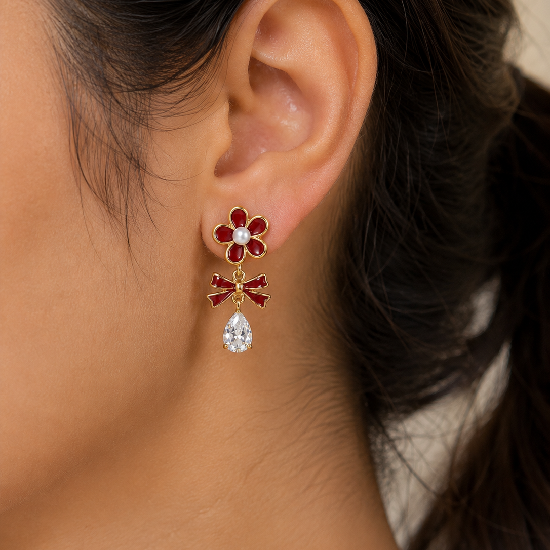 Ruby Red Floral Bow Drop Earrings
