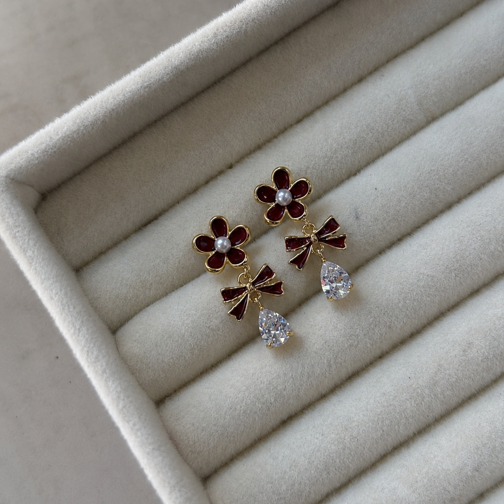 Ruby Red Floral Bow Drop Earrings
