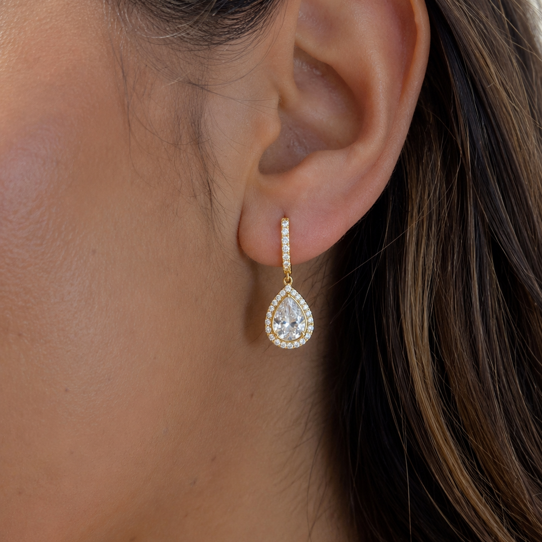 Victoria Pear Cut Halo Drop Earrings