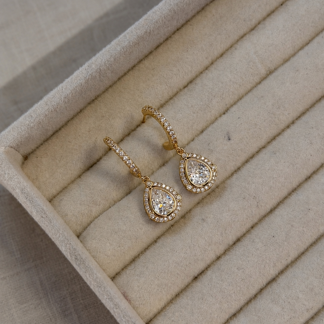Victoria Pear Cut Halo Drop Earrings
