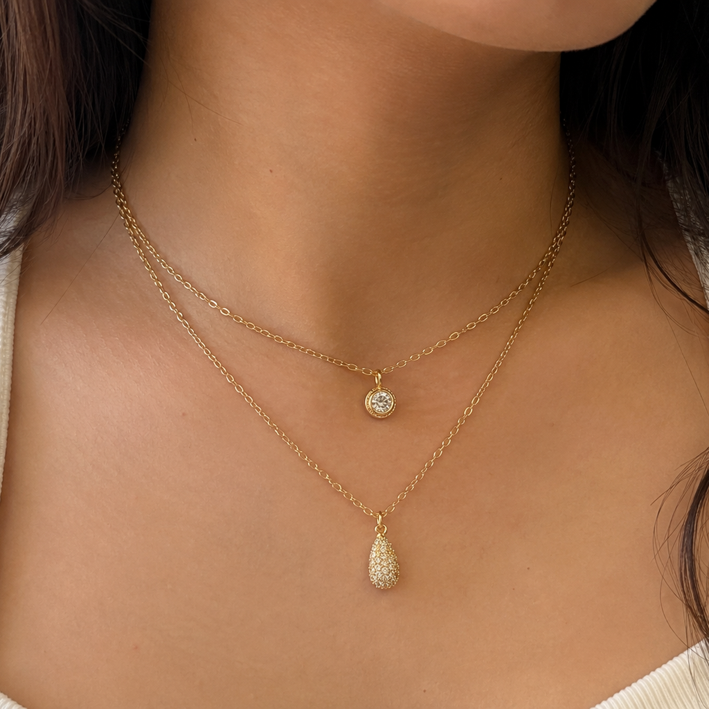 Elena Double Layer Teardrop Pavé Pendant Necklace