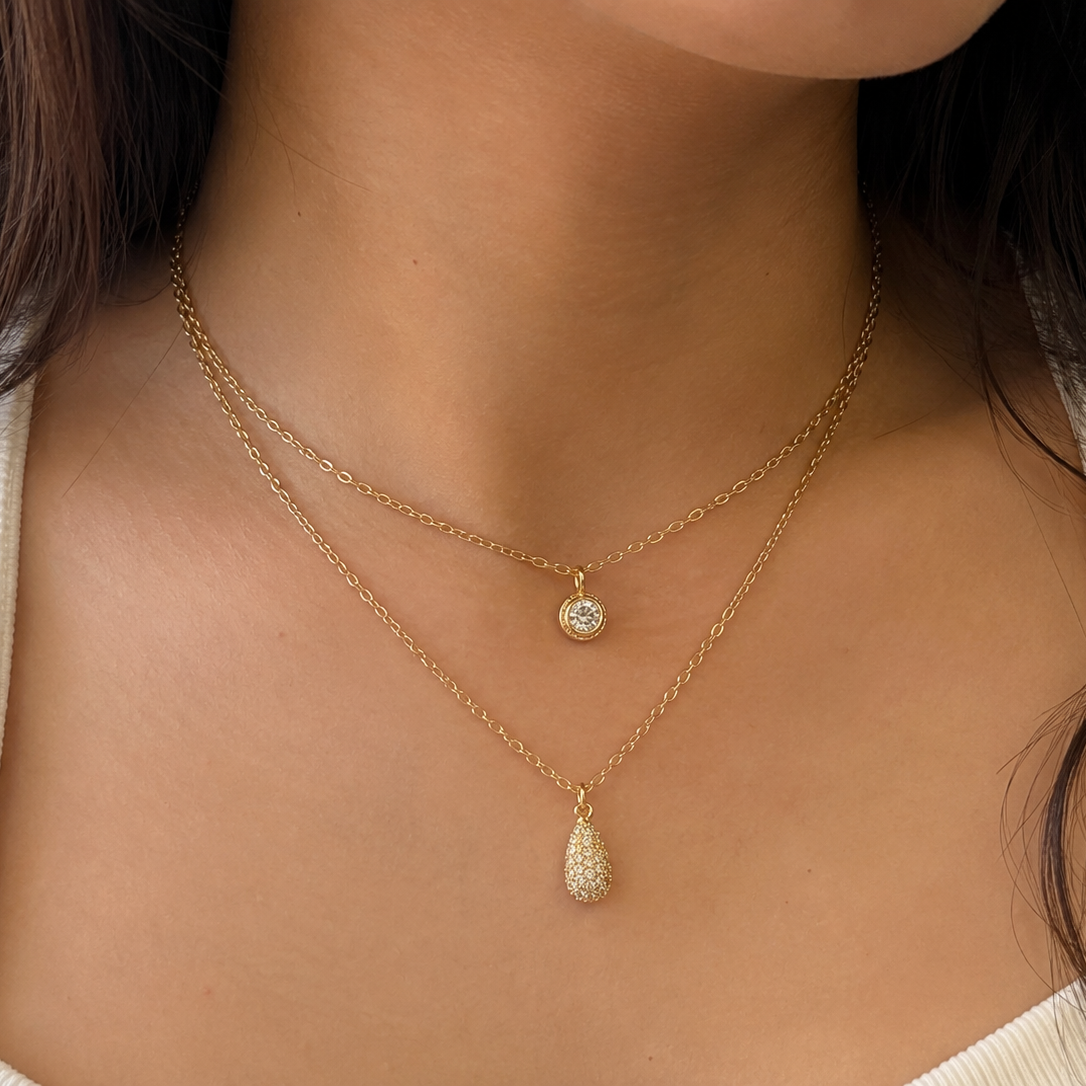 Elena Double Layer Teardrop Pavé Pendant Necklace