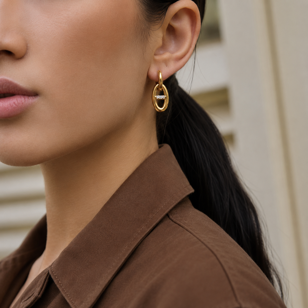 Elodie Oval Link Charm Gold Earrings