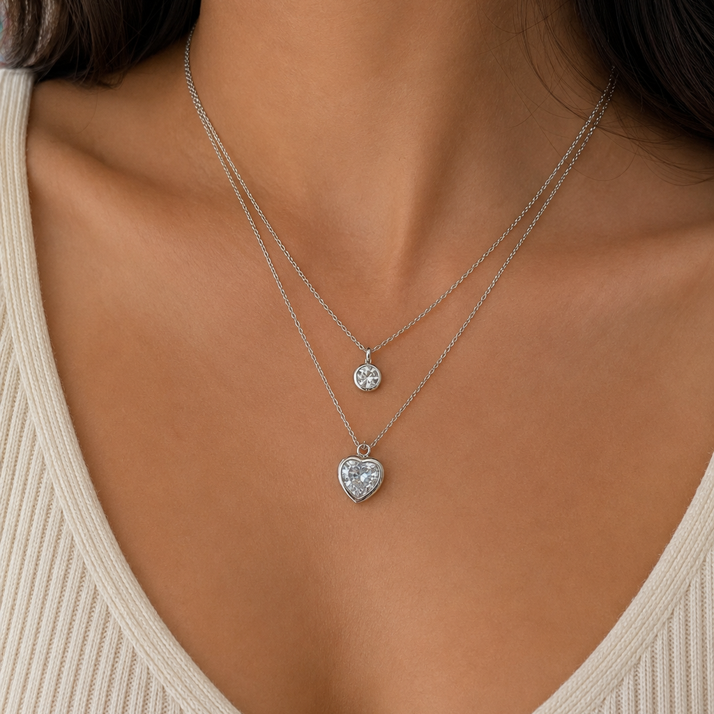 Amelia Double Layer Heart CZ Pendant Necklace