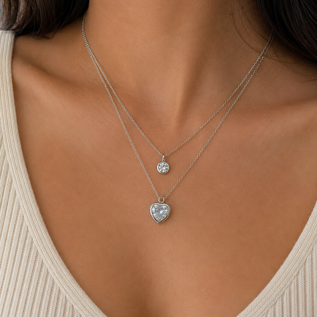 Amelia Double Layer Heart CZ Pendant Necklace