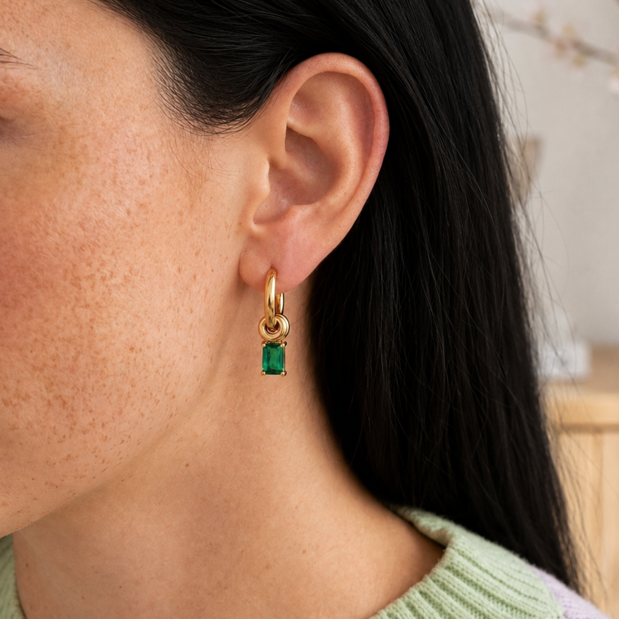 Elara Emerald Charm Hoop Earrings
