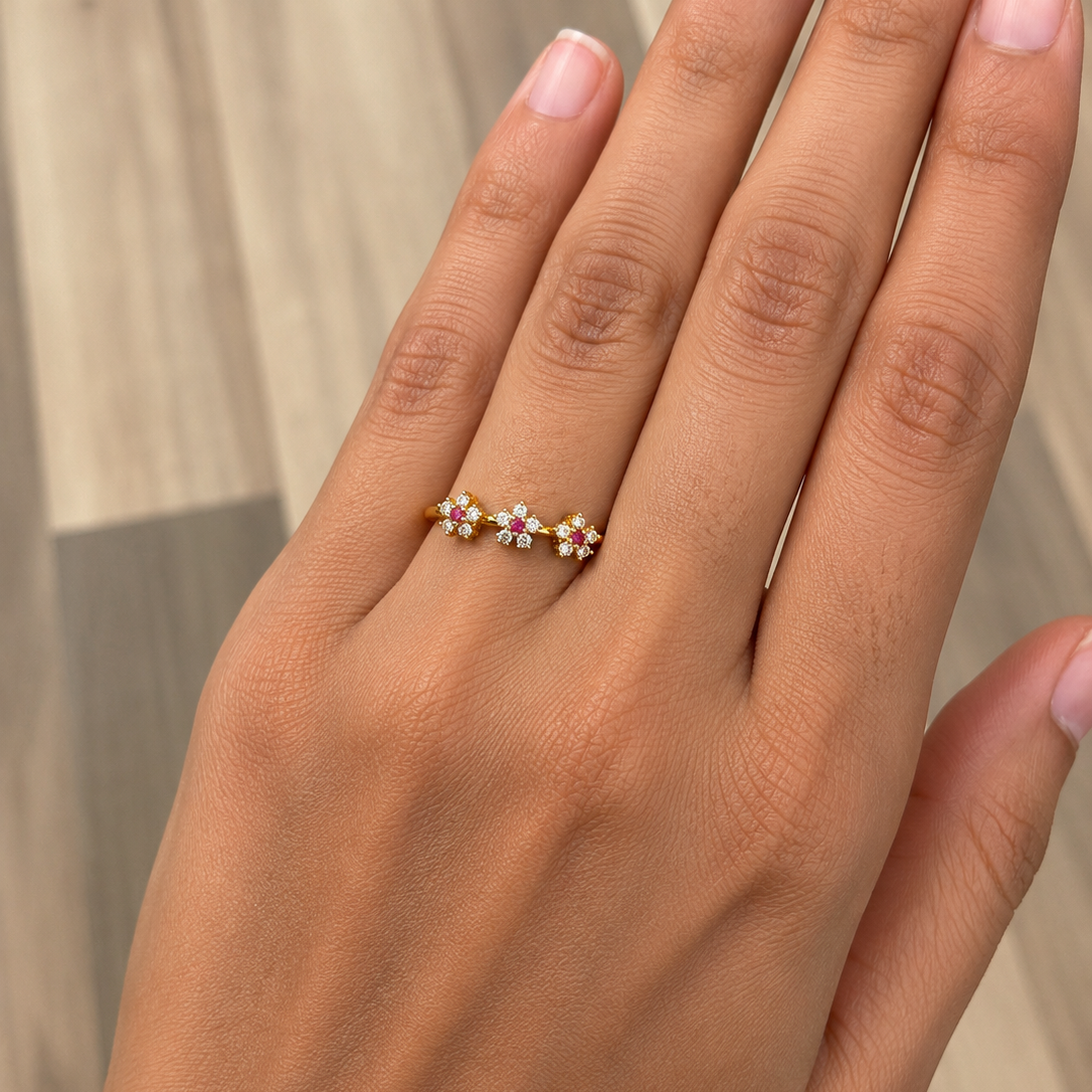 Cyrin Triple Ruby Flower Ring