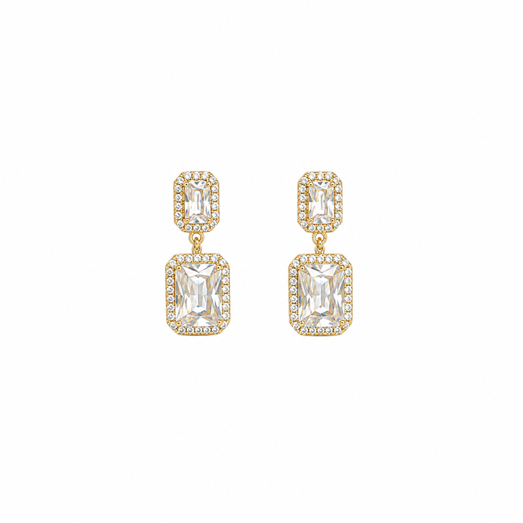 Velith Emerald Cut Halo Drop Earrings