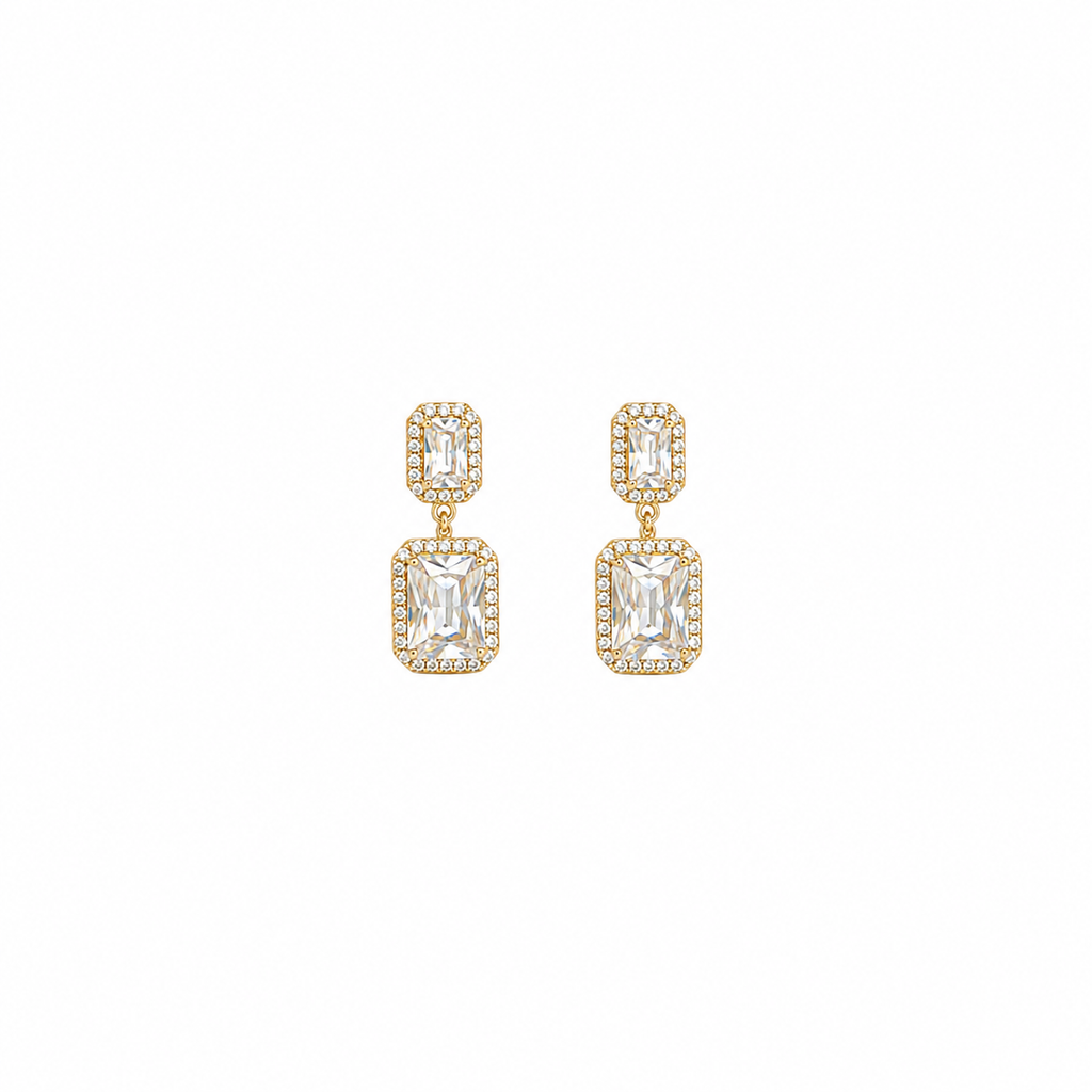 Velith Emerald Cut Halo Drop Earrings