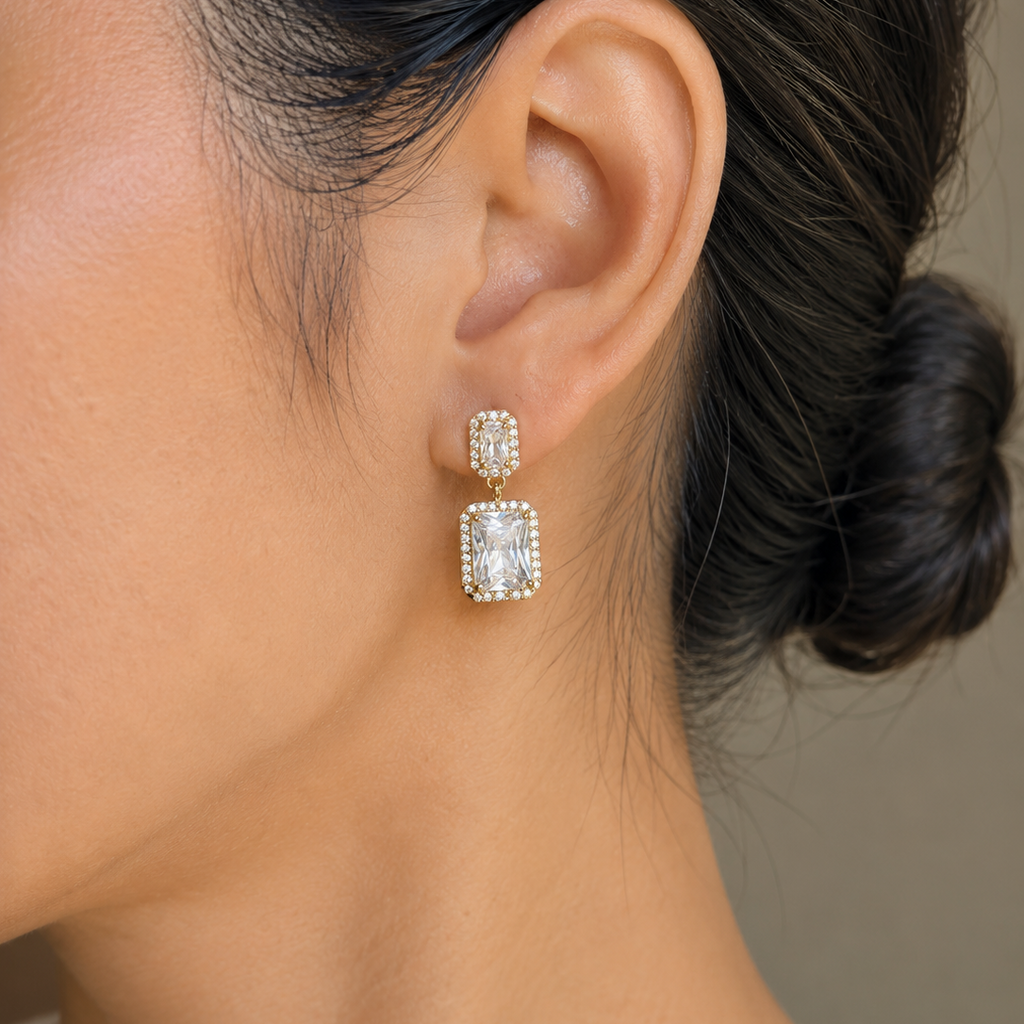 Velith Emerald Cut Halo Drop Earrings