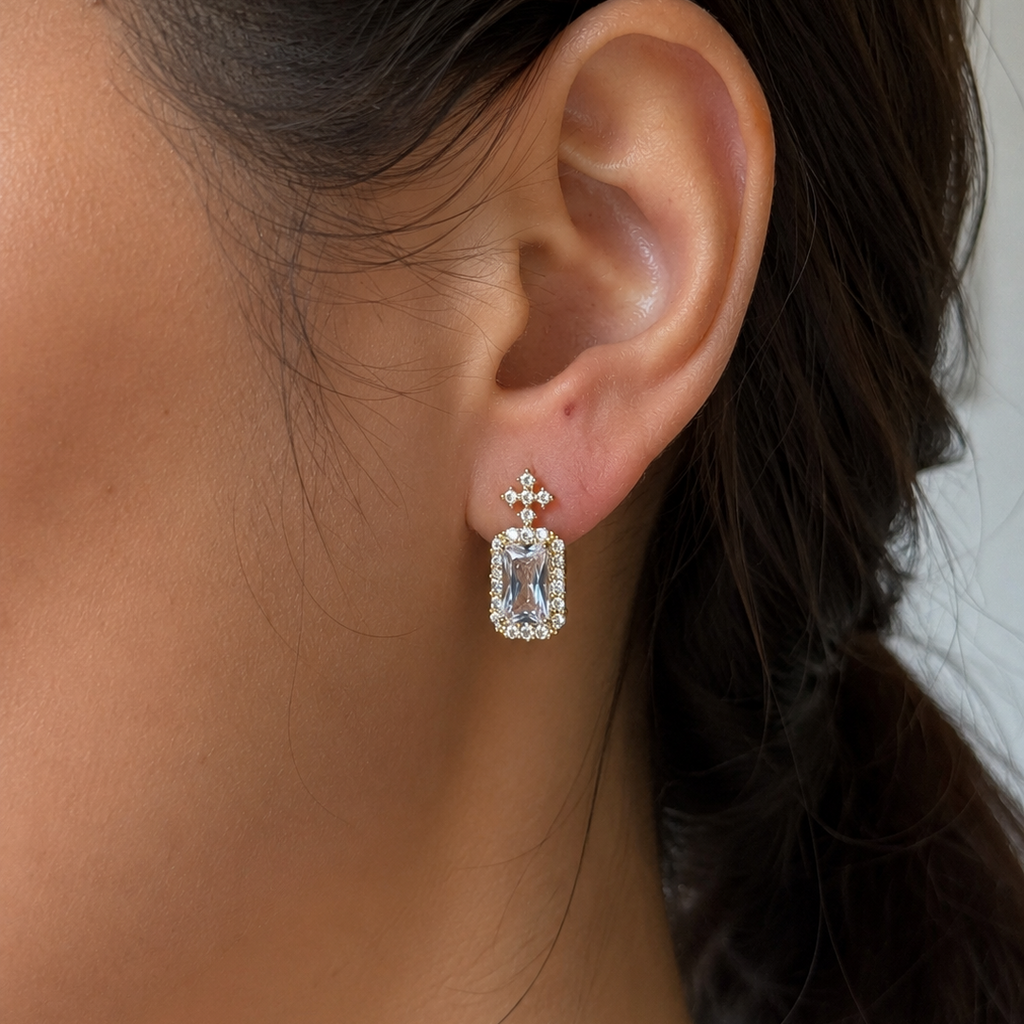 Oriah Emerald Cut Halo Cross Earrings
