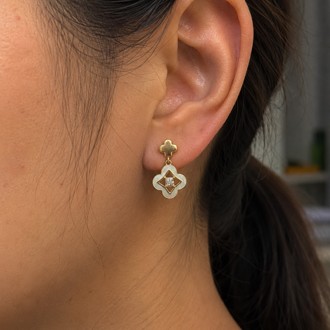 Ilyra White Clover Mother of Pearl Drop Earrings