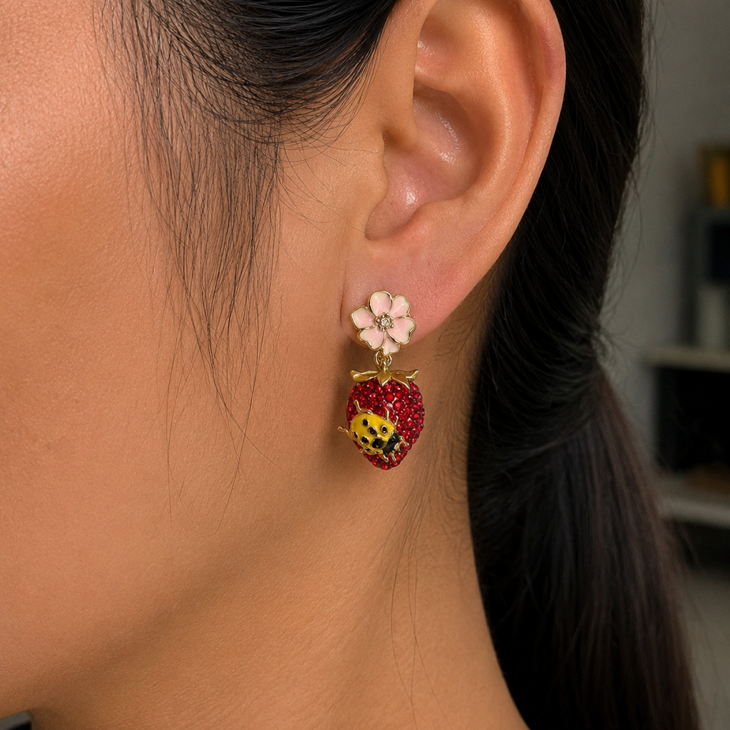 Caria Strawberry Ladybug Drop Earrings