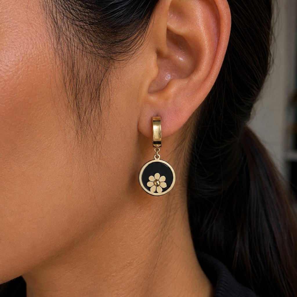 Ruvella Daisy Black Floral Hoop Earrings