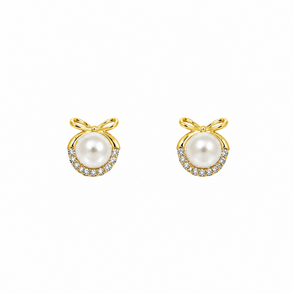 Elara Pearl Bow Stud Earrings