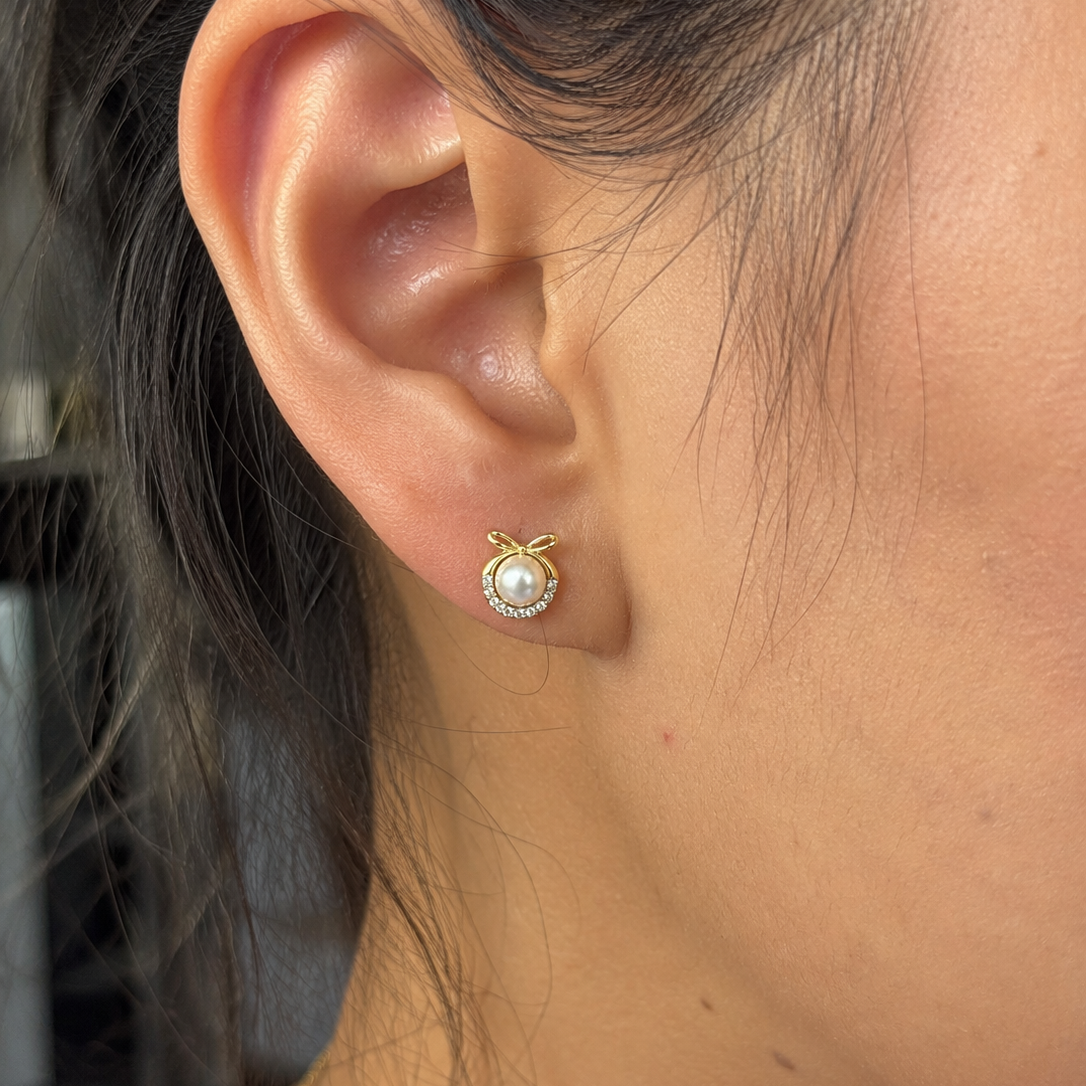 Elara Pearl Bow Stud Earrings