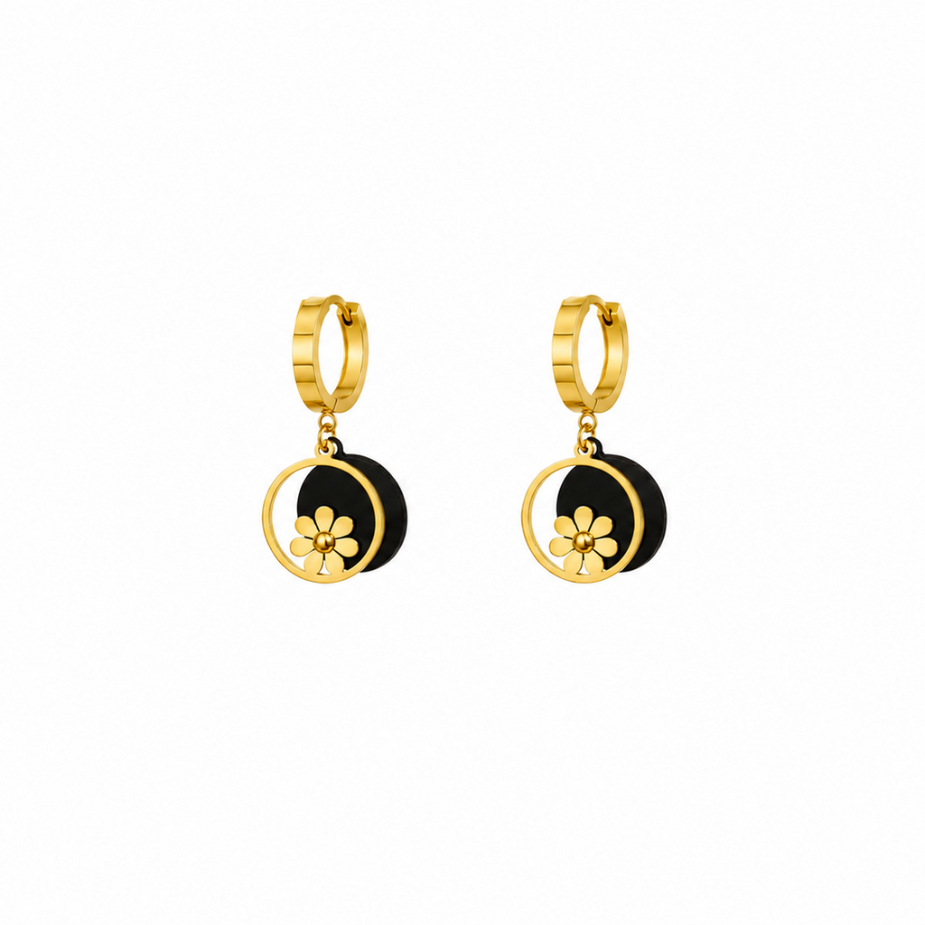 Ruvella Daisy Black Floral Hoop Earrings