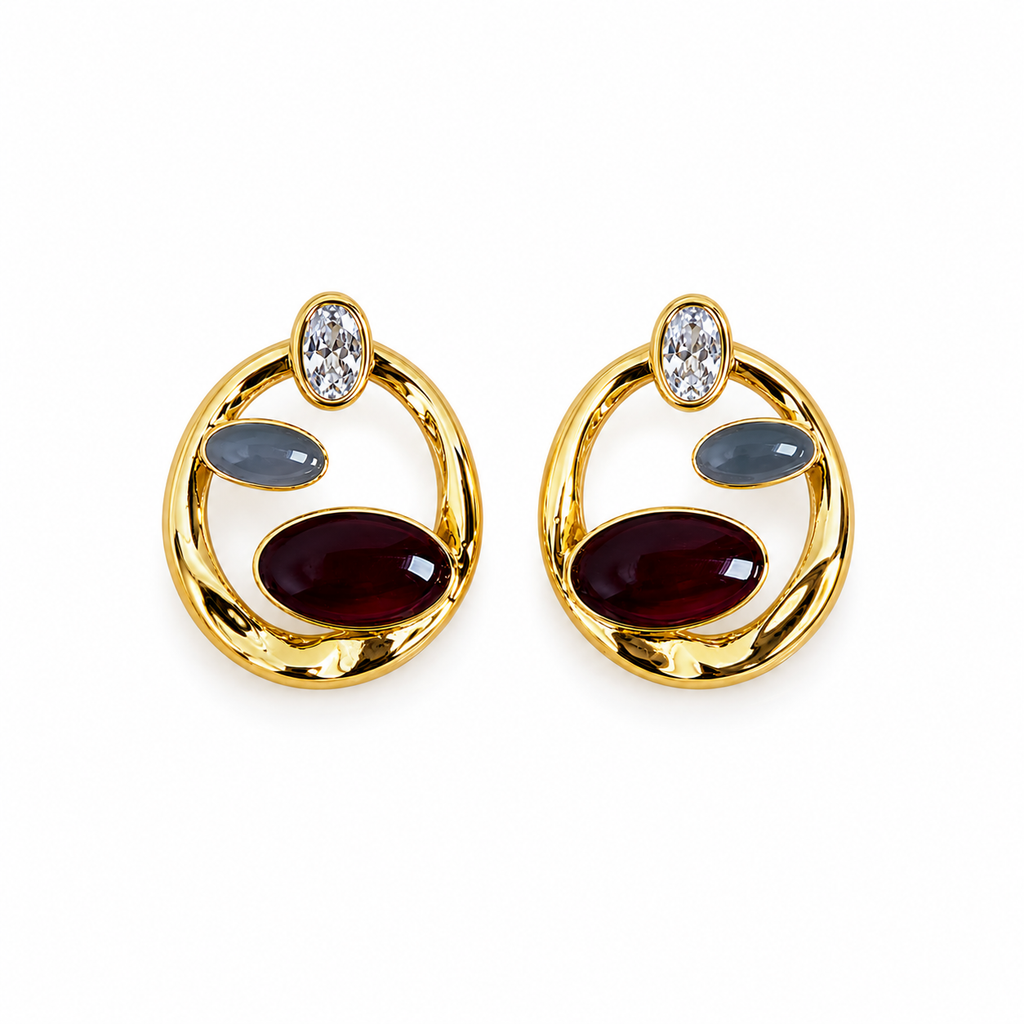 Vyrel Ruby Grey Stone Abstract Hoop Earrings