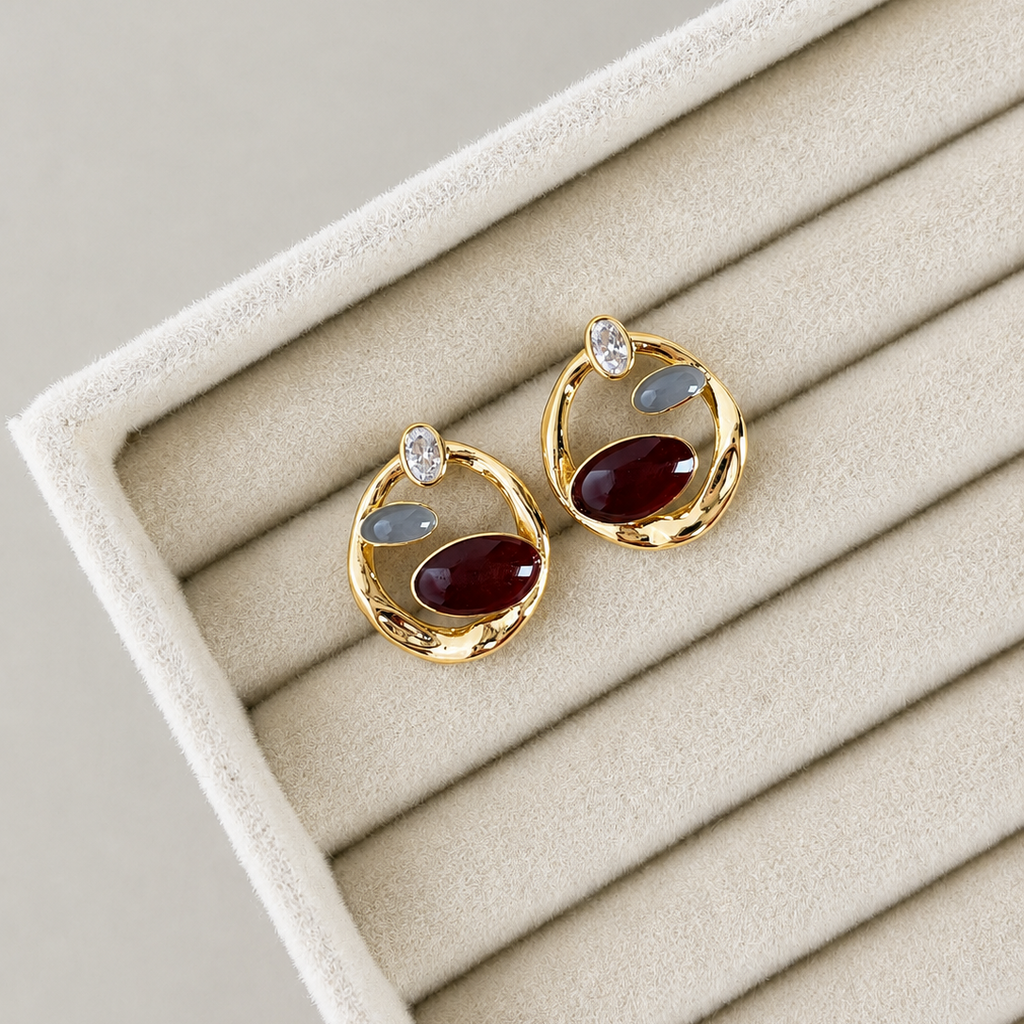 Vyrel Ruby Grey Stone Abstract Hoop Earrings