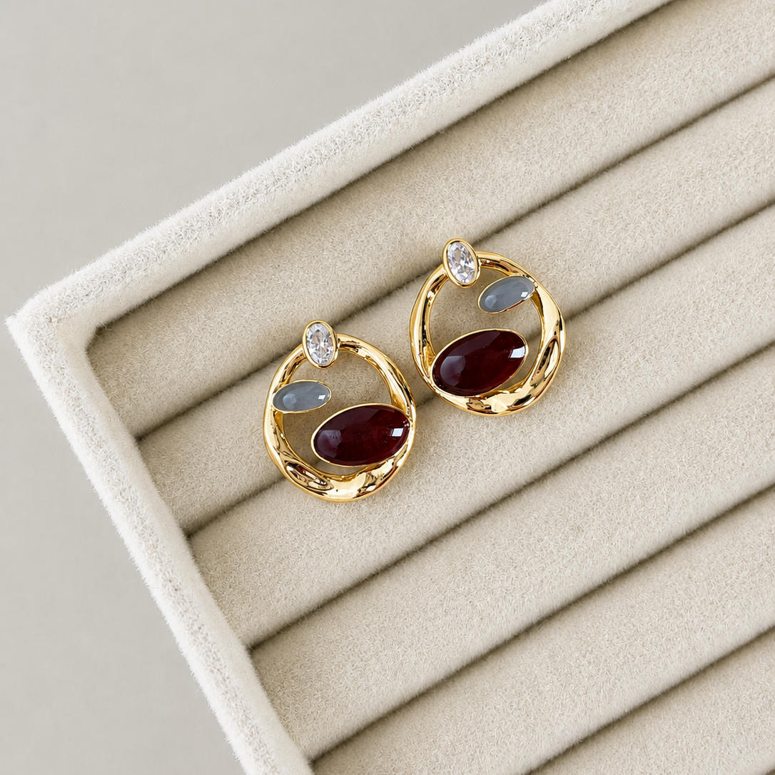 Vyrel Ruby Grey Stone Abstract Hoop Earrings