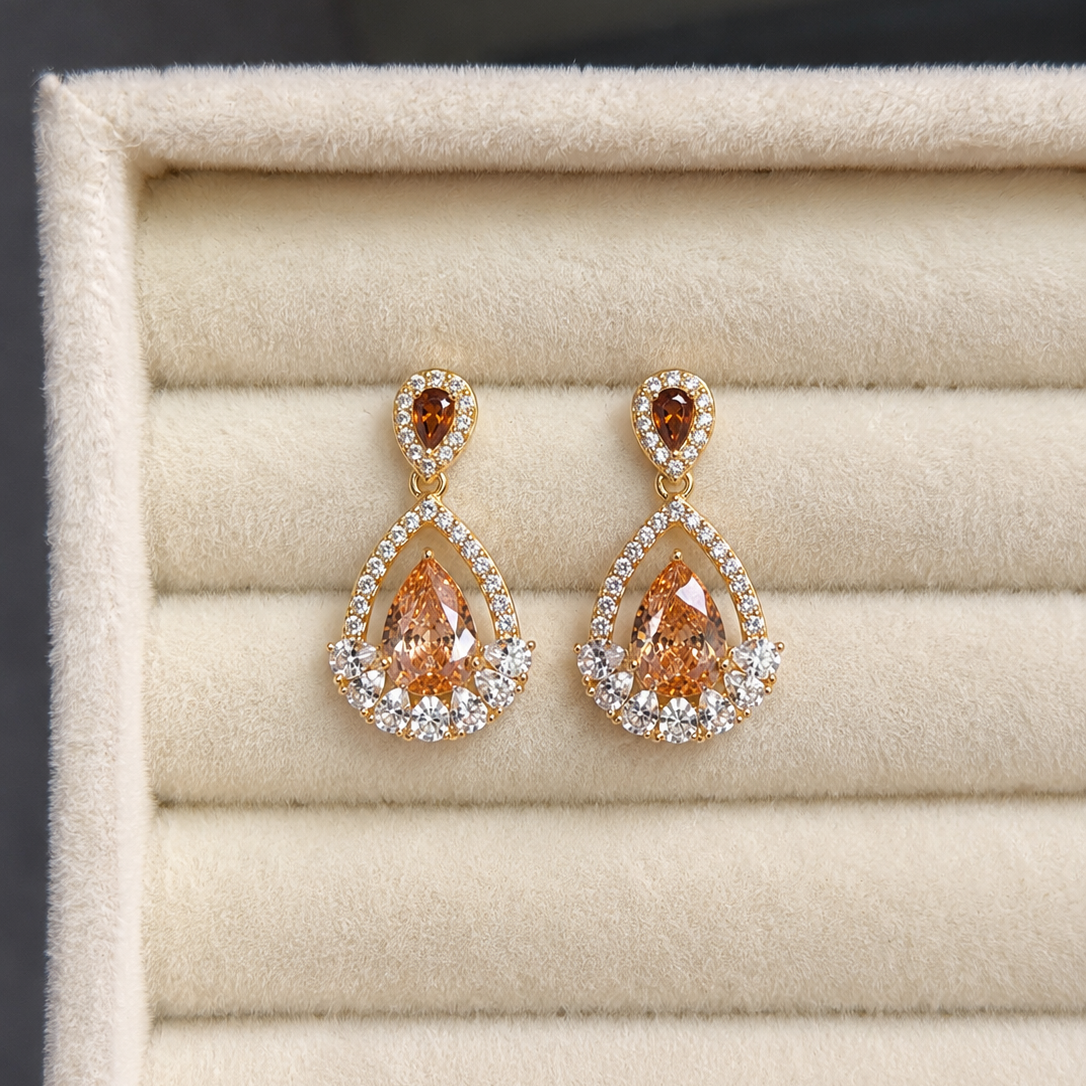 Taelyn Champagne Pear Halo Earrings