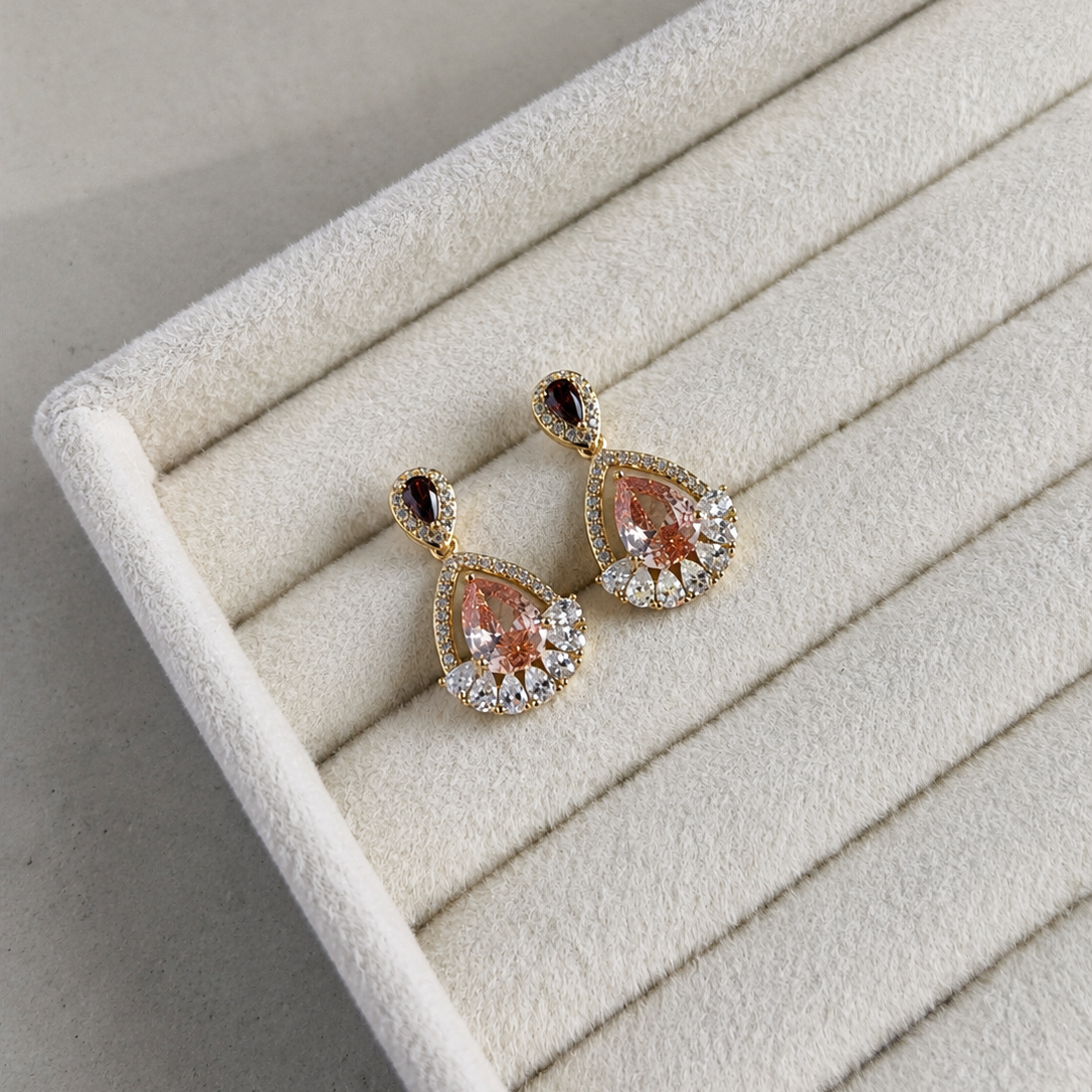 Taelyn Champagne Pear Halo Earrings