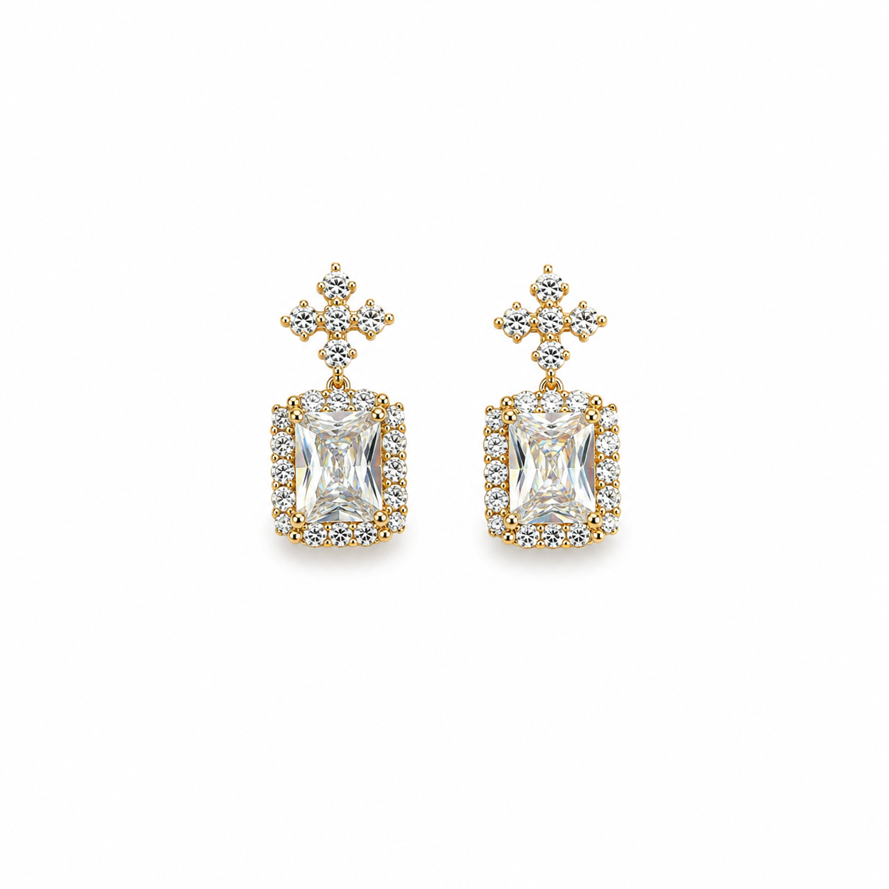Oriah Emerald Cut Halo Cross Earrings