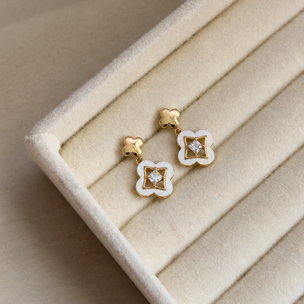 Ilyra White Clover Mother of Pearl Drop Earrings