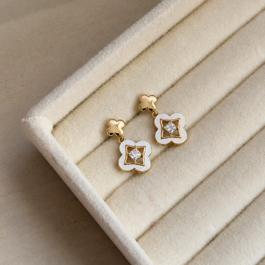 Ilyra White Clover Mother of Pearl Drop Earrings