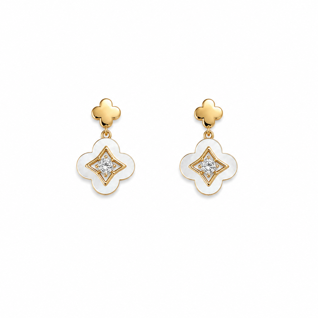 Ilyra White Clover Mother of Pearl Drop Earrings