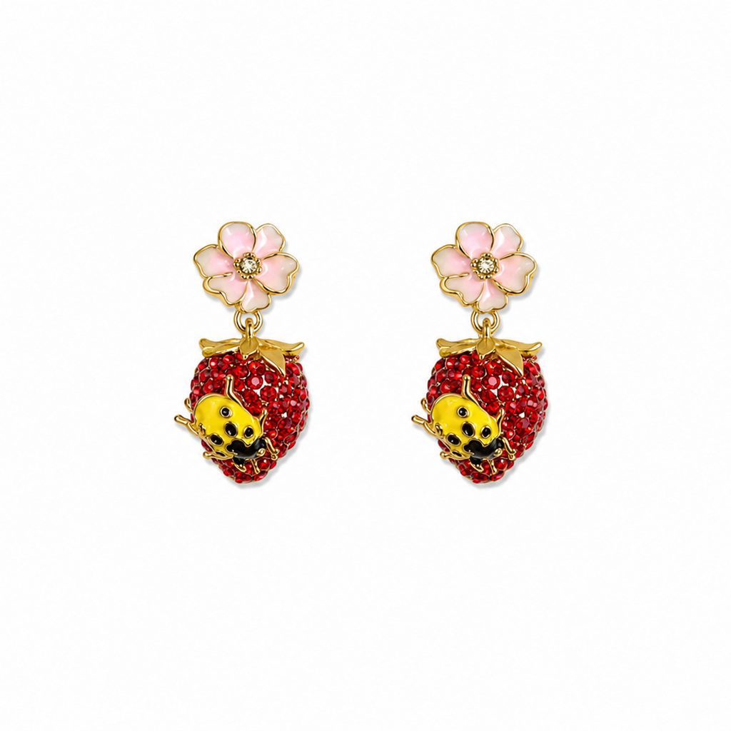 Caria Strawberry Ladybug Drop Earrings