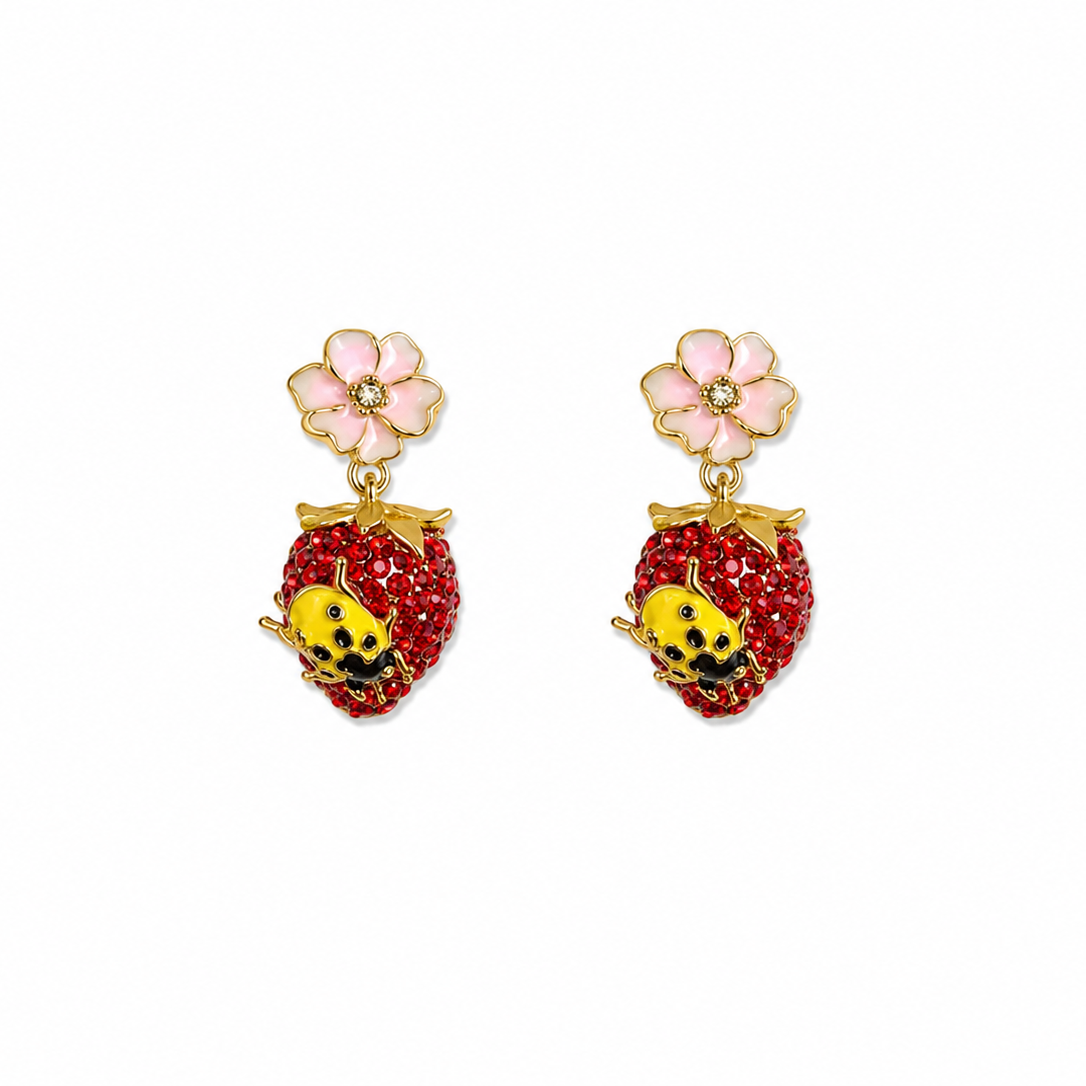 Caria Strawberry Ladybug Drop Earrings