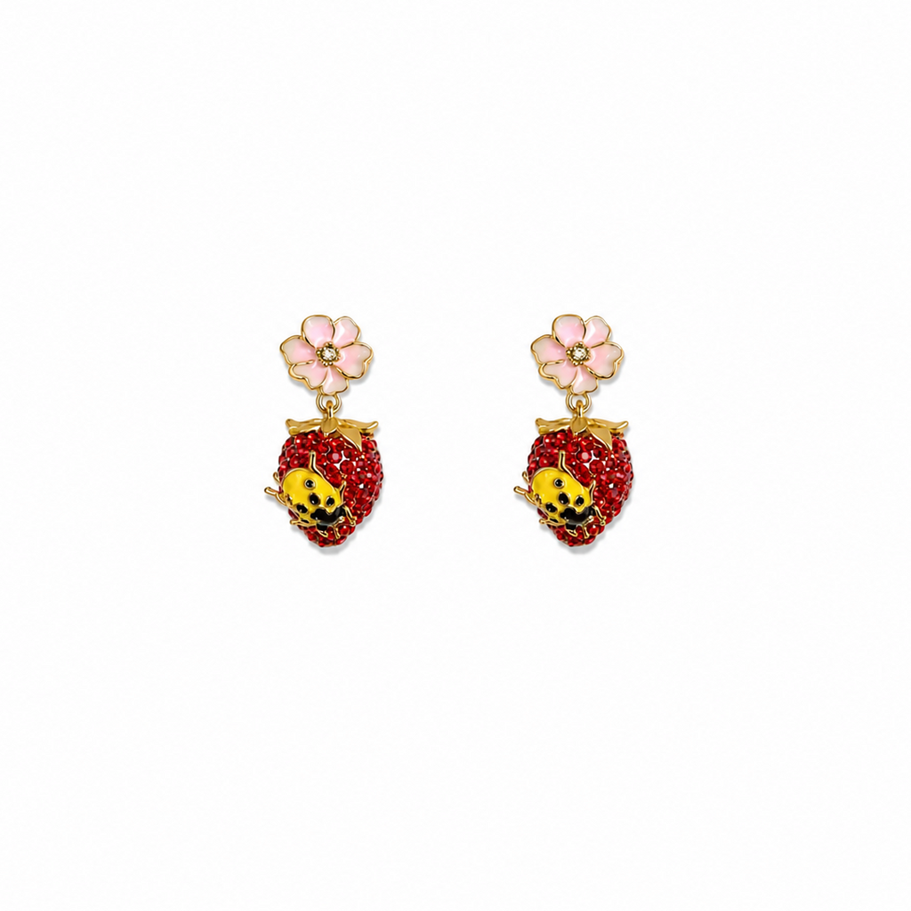 Caria Strawberry Ladybug Drop Earrings