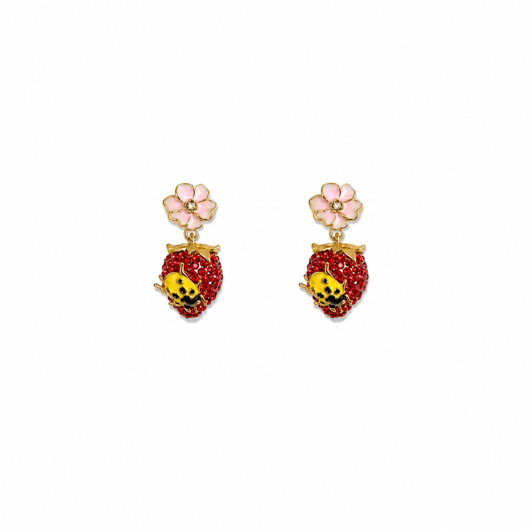 Caria Strawberry Ladybug Drop Earrings
