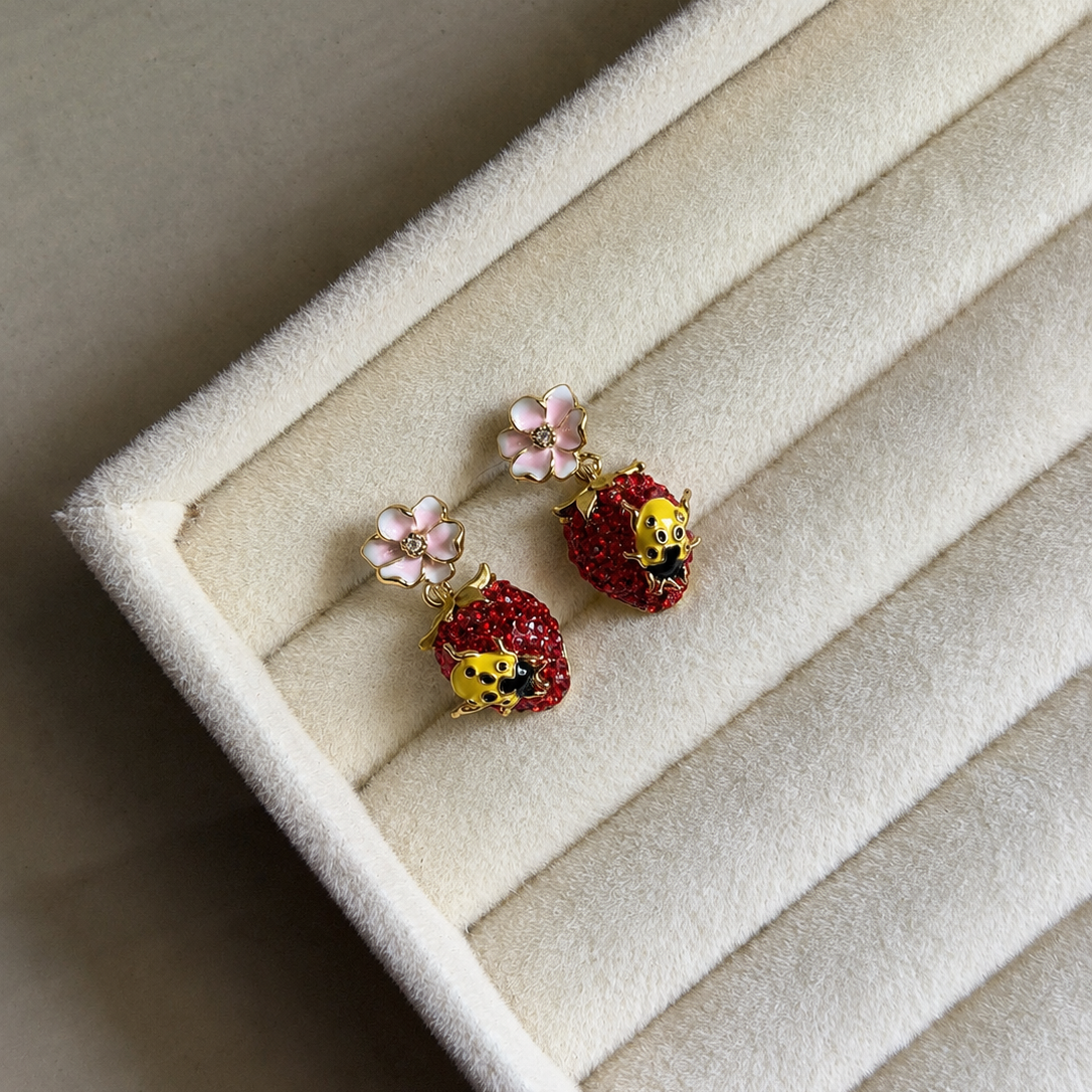 Caria Strawberry Ladybug Drop Earrings