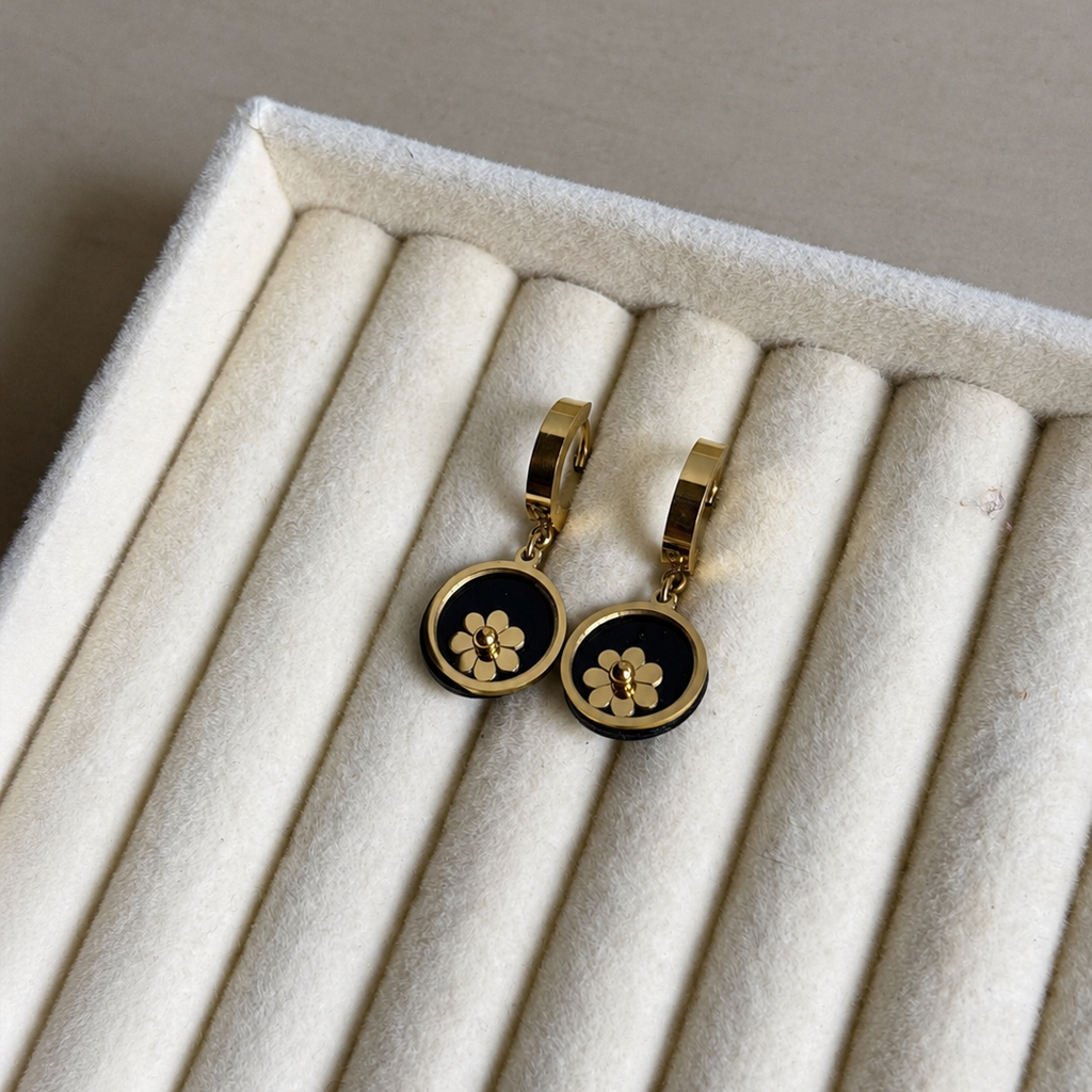 Ruvella Daisy Black Floral Hoop Earrings