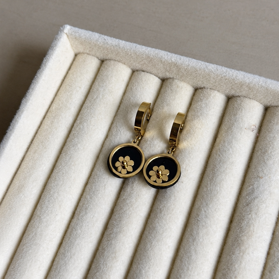 Ruvella Daisy Black Floral Hoop Earrings