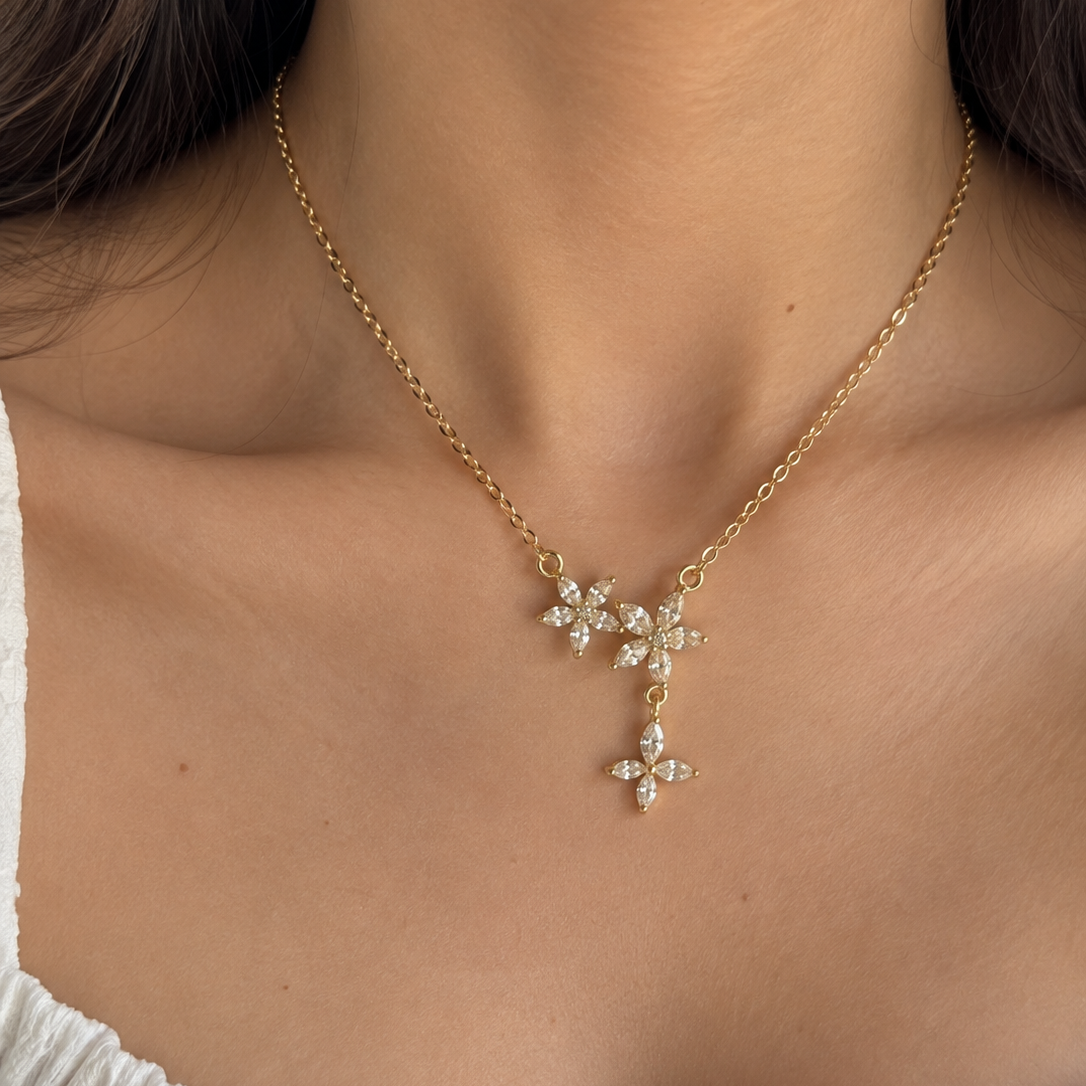 Valentina Double Flower CZ Drop Necklace